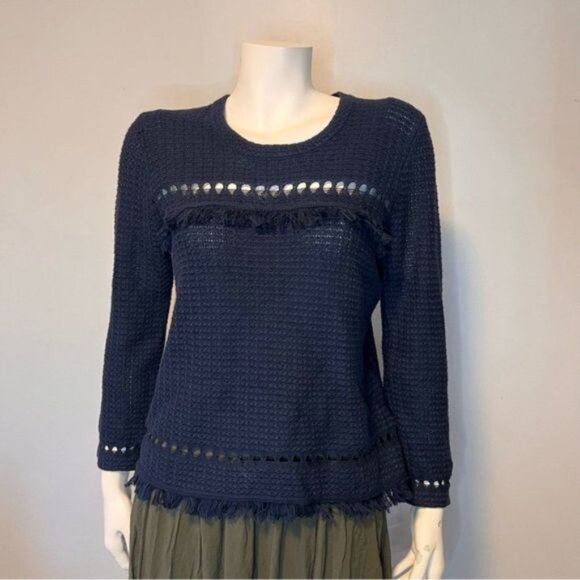J. Crew Crochet Fringe Boho Long Sleeve Navy Sweater Size Small - Picture 8 of 10